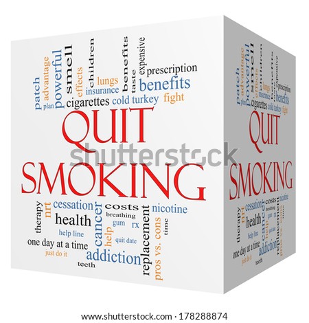 Quit Smoking Word Cloud Concept on a 3D cube with great terms such as nicotine, cold turkey, quit date, patch and more.