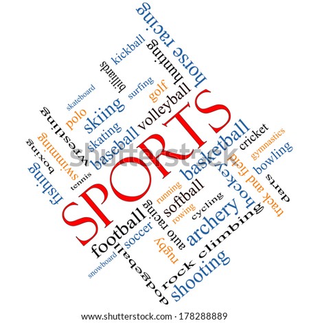 Sports Word Cloud Concept angled with great terms such as football, baseball, basketball and more.