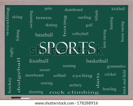 Sports Word Cloud Concept on a Blackboard with great terms such as football, baseball, basketball and more.