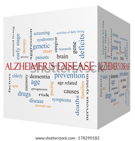 Alzheimer's Disease 3D cube Word Cloud Concept with great terms such as elderly, genetic, dementia and more.