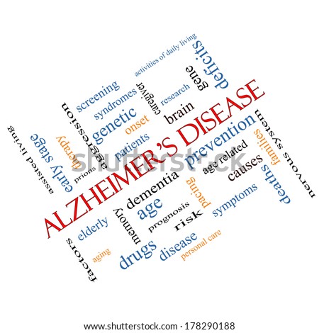 Alzheimer's Disease Word Cloud Concept angled with great terms such as elderly, genetic, dementia and more.
