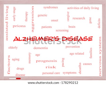 Alzheimer\'s Disease Word Cloud Concept on a Whiteboard with great terms such as elderly, genetic, dementia and more.