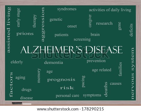 Alzheimer\'s Disease Word Cloud Concept on a Blackboard with great terms such as elderly, genetic, dementia and more.