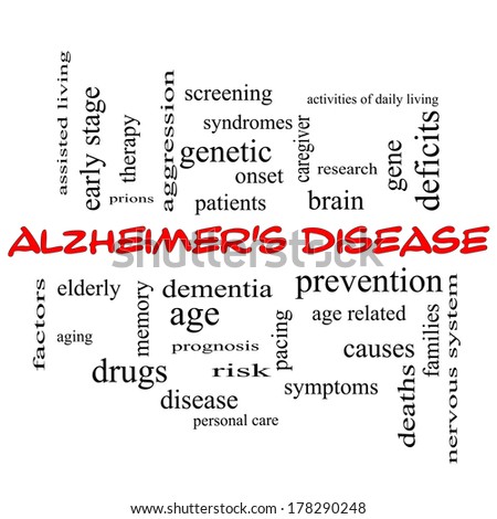 Alzheimer's Disease Word Cloud Concept in red caps with great terms such as elderly, genetic, dementia and more.
