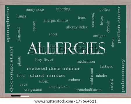 Allergies Word Cloud Concept on a Blackboard with great terms such as food, pollen, mold and more.