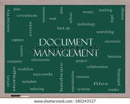 Document Management Word Cloud Concept on a Blackboard with great terms such as data, back up, files and more.