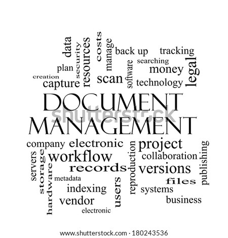 Document Management Word Cloud Concept in black and white with great terms such as data, back up, files and more.