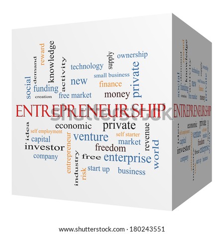 Entrepreneurship 3D cube Word Cloud Concept with great terms such as economic, private, venture and more.