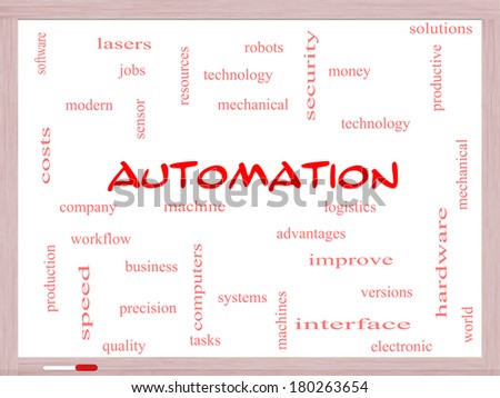 Automation Word Cloud Concept on a Whiteboard with great terms such as robots, machine, logistics and more.