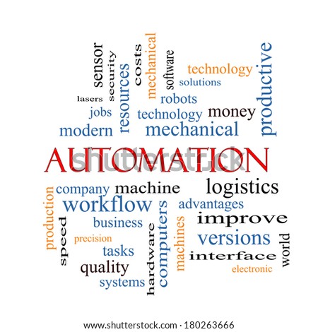 Automation Word Cloud Concept with great terms such as robots, machine, logistics and more.