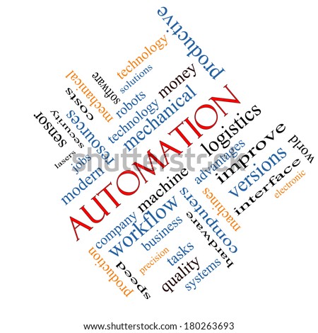 Automation Word Cloud Concept angled with great terms such as robots, machine, logistics and more.