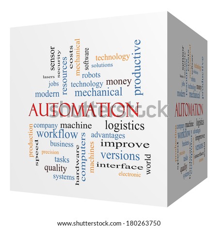 Automation 3D cube Word Cloud Concept with great terms such as robots, machine, logistics and more.