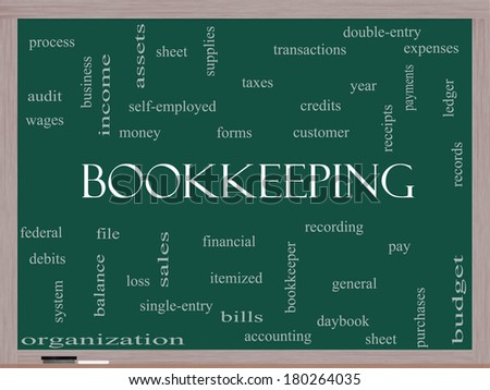 Bookkeeping Word Cloud Concept on a Blackboard with great terms such as financial, records, ledger and more.