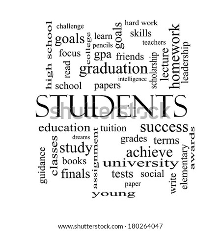 Students Word Cloud Concept in black and white with great terms such as education, learn, goals and more.
