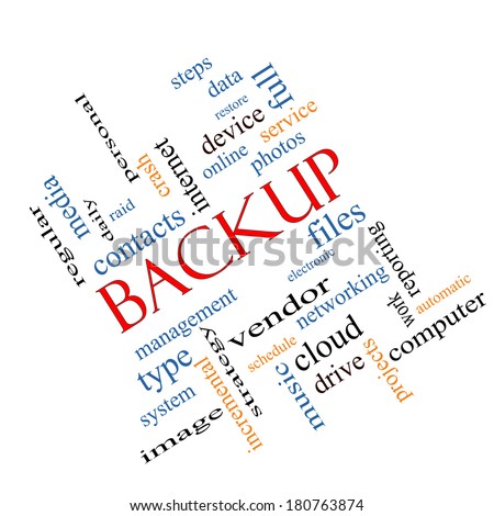 Backup Word Cloud Concept angled with great terms such as files, cloud, data and more.