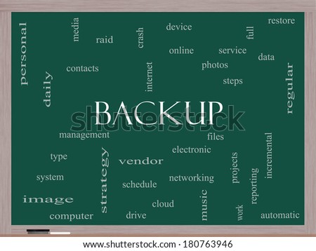 Backup Word Cloud Concept on a Blackboard with great terms such as files, cloud, data and more.