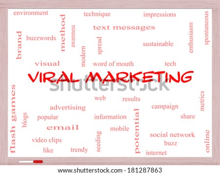 Viral Marketing Word Cloud Concept on a Whiteboard with great terms such as buzz, trendy, advertising and more.
