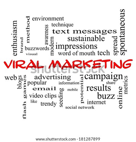 Viral Marketing Word Cloud Concept in red caps with great terms such as buzz, trendy, advertising and more.
