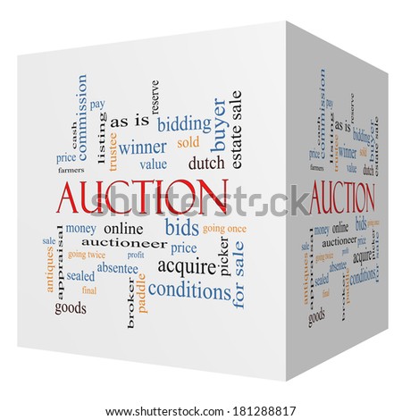 Auction 3D cube Word Cloud Concept with great terms such as price, bidding, online and more.