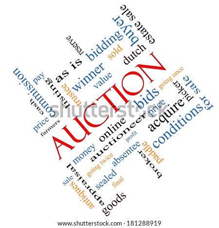 Auction Word Cloud Concept angled with great terms such as price, bidding, online and more.
