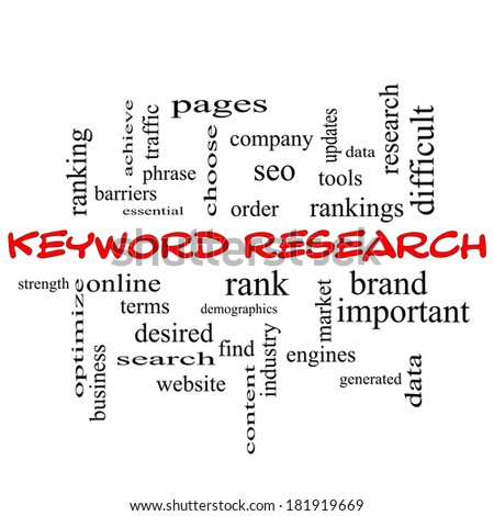 Keyword Research Word Cloud Concept in red caps with great terms such as rankings, order, phrase and more.