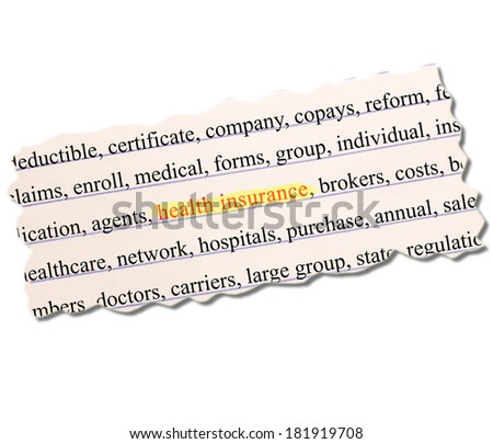Health Insurance highlighted on Paper Word Concept with great terms such as brokers, medical, group and more written on a torn piece of lined pink paper.