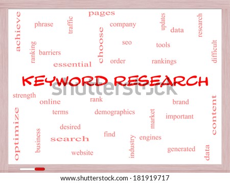 Keyword Research Word Cloud Concept on a Whiteboard with great terms such as rankings, order, phrase and more.
