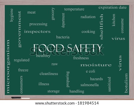 Food Safety Word Cloud Concept on a Blackboard with great terms such as hazards, e coli, cooking and more.