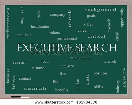 Executive Search Word Cloud Concept on a Blackboard with great terms such as management, recruiter, career and more.