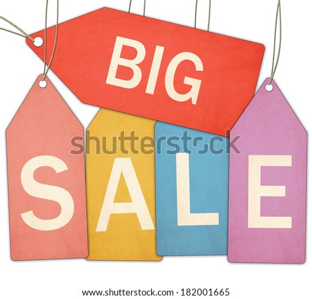 Red, yellow, blue, and purple textured sale tags show Big Sale making a great concept.