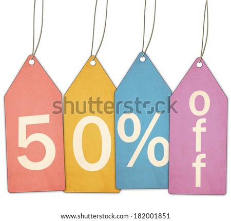 Red, yellow, blue, and purple textured sale tags show Fifty Percent Off making a great concept.