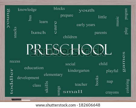 Preschool Word Cloud Concept on a Blackboard with great terms such as youth, education, learn and more.
