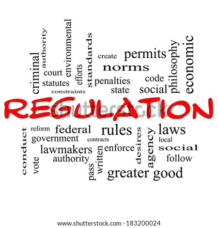 Regulation Word Cloud Concept in red caps with great terms such as rules, enforce, government and more.
