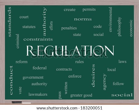 Regulation Word Cloud Concept on a Blackboard with great terms such as rules, enforce, government and more.