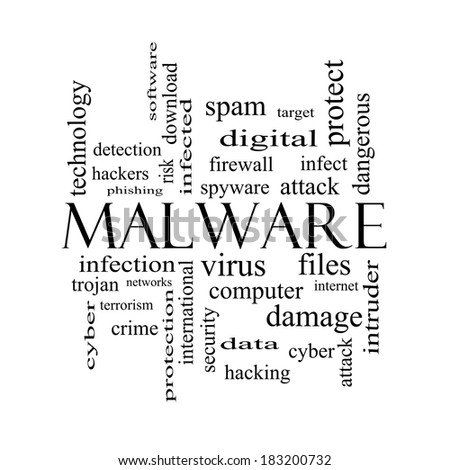 Malware Word Cloud Concept in black and white with great terms such as trojan, virus, infection and more.