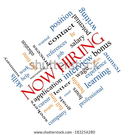 Now Hiring Word Cloud Concept angled with great terms such as resume, wage, hr and more.
