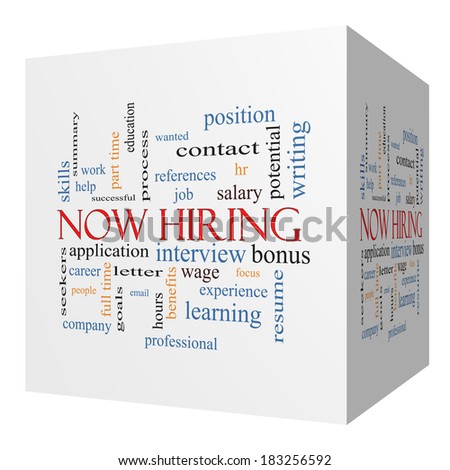 Now Hiring 3D cube Word Cloud Concept with great terms such as resume, wage, hr and more.