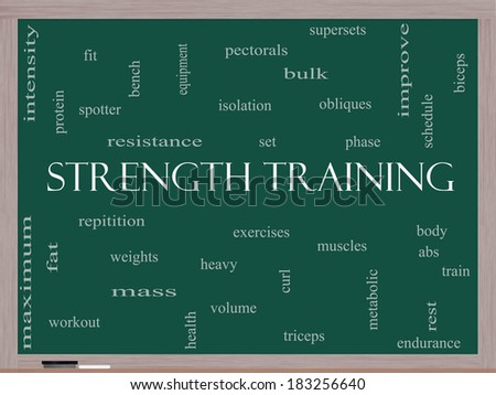 Strength Training Word Cloud Concept on a Blackboard with great terms such as body, muscles, weights and more.