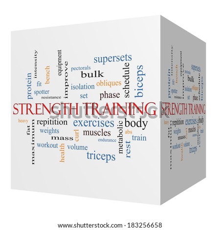 Strength Training 3D cube Word Cloud Concept with great terms such as body, muscles, weights and more.