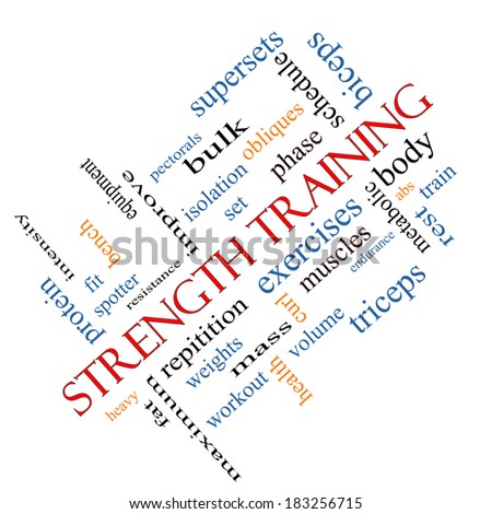 Strength Training Word Cloud Concept angled with great terms such as body, muscles, weights and more.