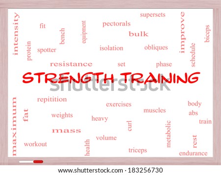 Strength Training Word Cloud Concept on a Whiteboard with great terms such as body, muscles, weights and more.