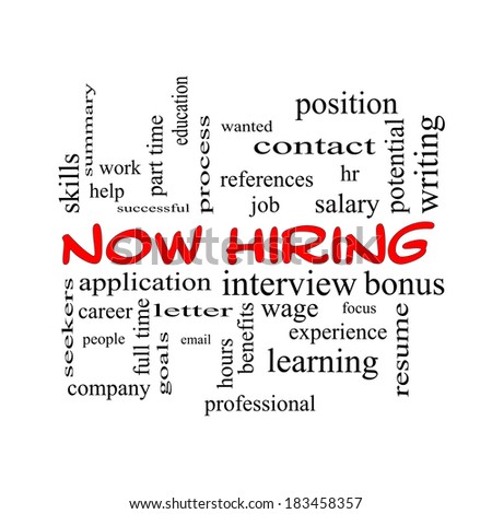 Now Hiring Word Cloud Concept in red caps with great terms such as resume, wage, hr and more.