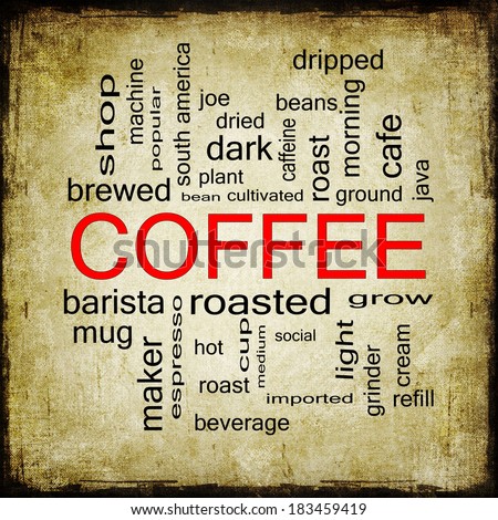 A Grunge Coffee Word Cloud Concept with great terms such as roast, bean, cafe, hot, cup, java and more.