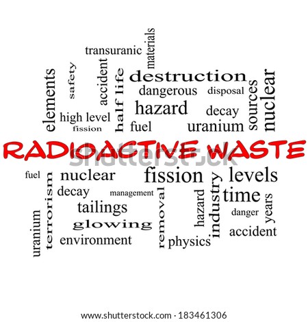Radioactive Waste Word Cloud Concept in red caps with great terms such as fission, nuclear, fuel and more.