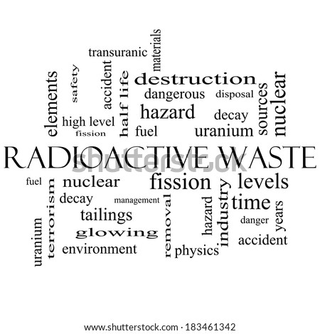 Radioactive Waste Word Cloud Concept in black and white with great terms such as fission, nuclear, fuel and more.