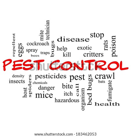 Pest Control Word Cloud Concept in red caps with great terms such as bugs, poison, rates and more.