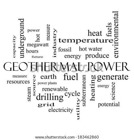 Geothermal Power Word Cloud Concept in black and white with great terms such as Earth, fuel, energy and more.