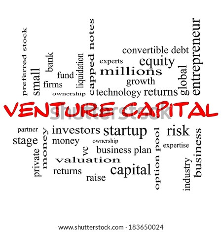 Venture Capital Word Cloud Concept in red caps with great terms such as investors, startup, risk and more.