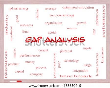 Gap Analysis Word Cloud Concept on a Whiteboard with great terms such as growth, money, capital and more.