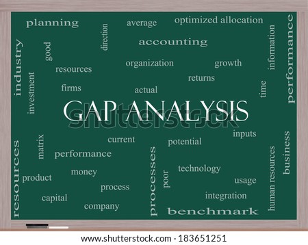 Gap Analysis Word Cloud Concept on a Blackboard with great terms such as growth, money, capital and more.